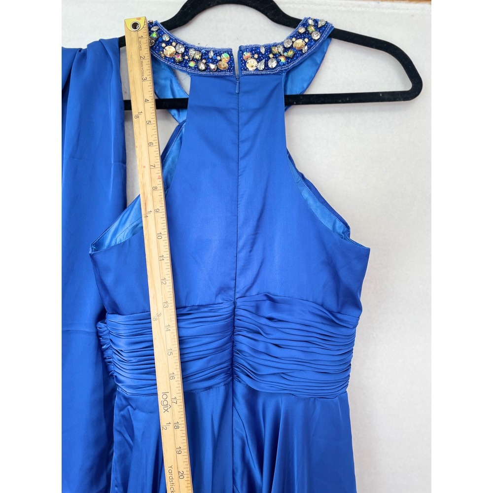 Dancing Queen Gown Womens S Blue Beaded Halter Ruched Maxi Ball Gown Dress - Picture 6 of 13